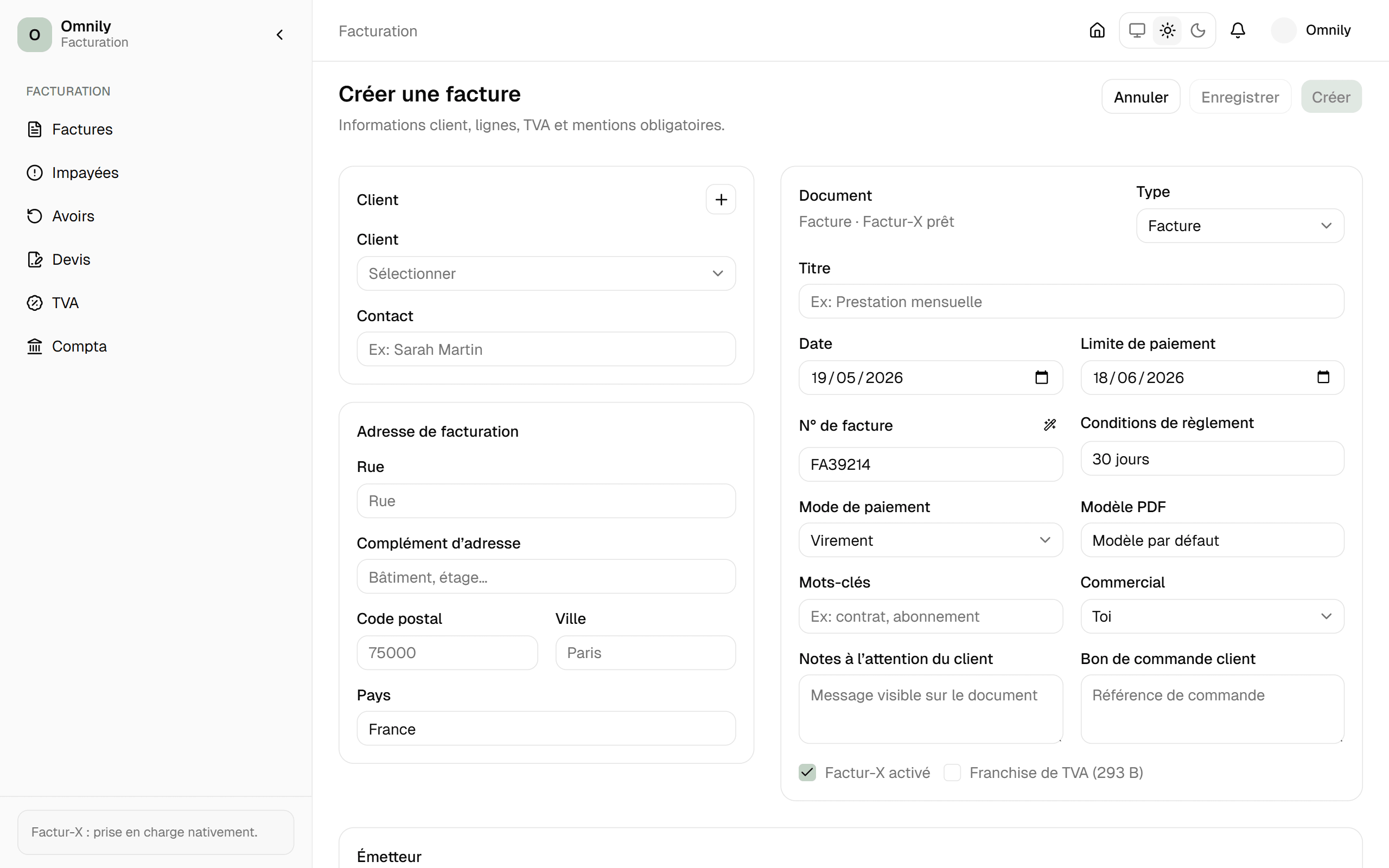 Interface Omnily — création de devis freelance
