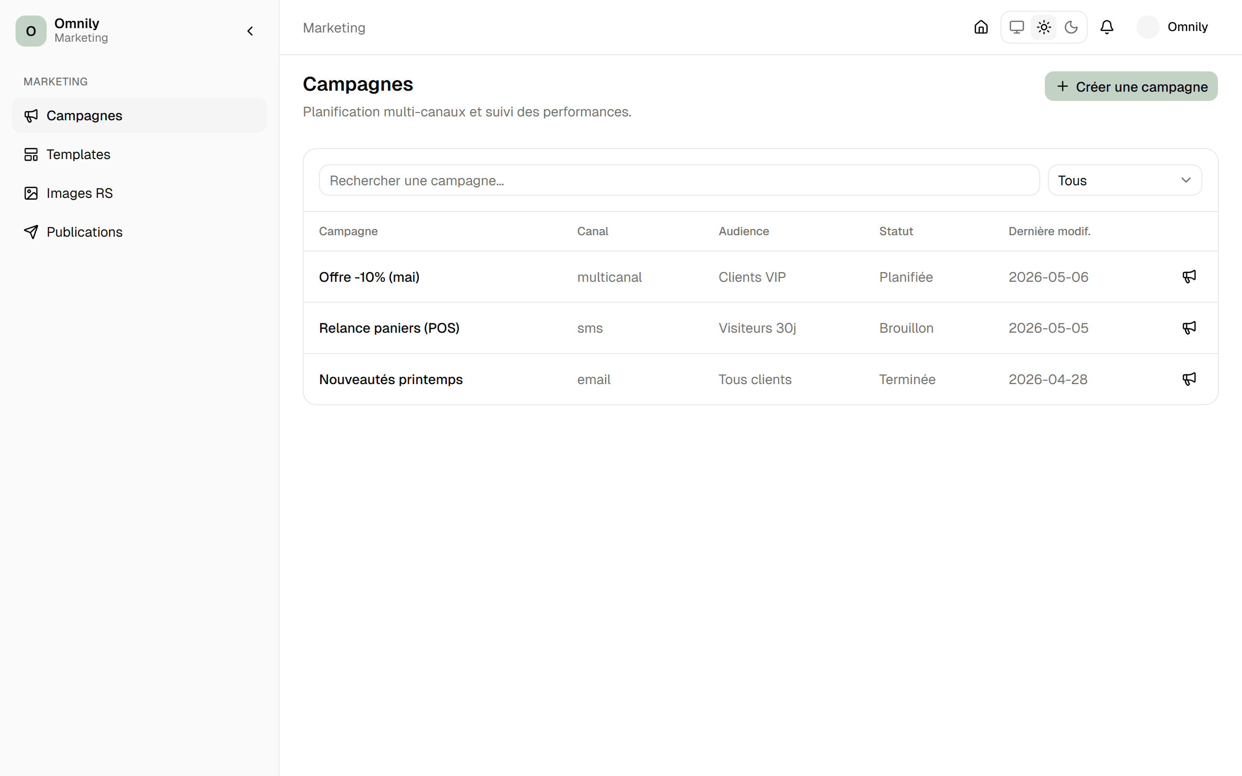 Interface marketing Omnily — campagnes email et SMS